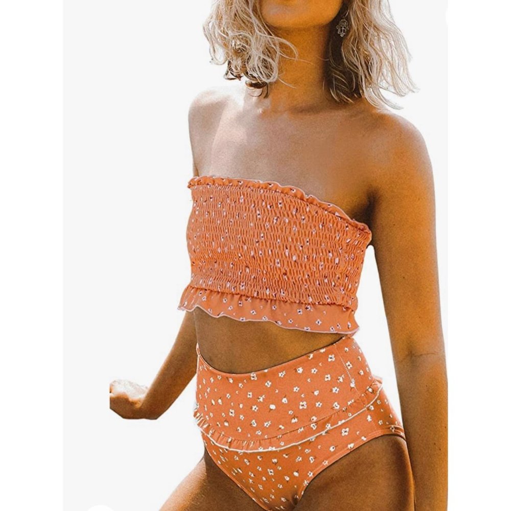 Floral High Waist Strapless Ruffle 2 Pc Swimsuit